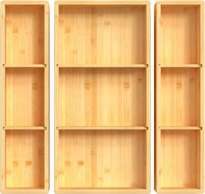 DUJEN Bamboo Drawer Organizer 12.5'' X 12.5'' X 2'', Adjustable 3 Individual Junk Drawer organizer for Bathroom and Kitchen, Wood Drawer Tea Organier Boxes for Silverware, Make up and Tea Bag - Image 1
